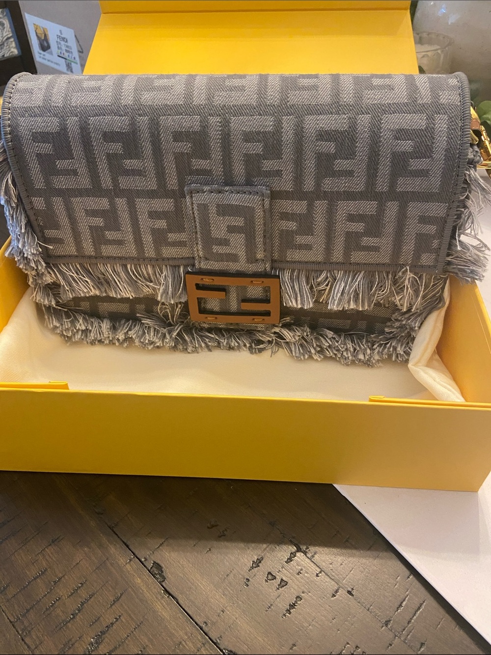 FF Logo Fringe Shoulder Bag in Gray with Gold-Tone Buckle